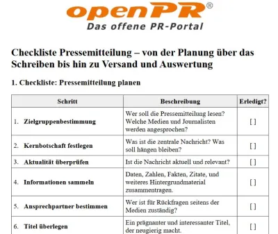 Pressemitteilung Checkliste von openPR Pressemitteilung Checkliste von openPR