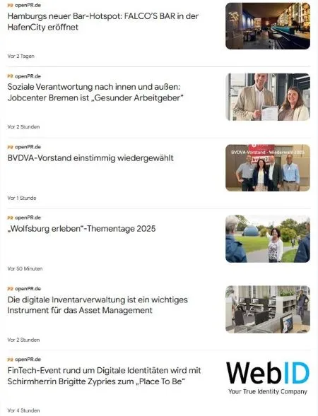 Beispiel: Auf openPR veröffentlichte Pressemitteilungen in Google News Beispiel: Auf openPR veröffentlichte Pressemitteilungen in Google News