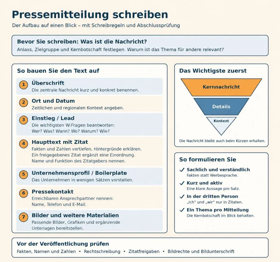 Schaubild: Pressemitteilung schreiben - der Aufbau auf einen Blick Schaubild: Pressemitteilung schreiben - der Aufbau auf einen Blick