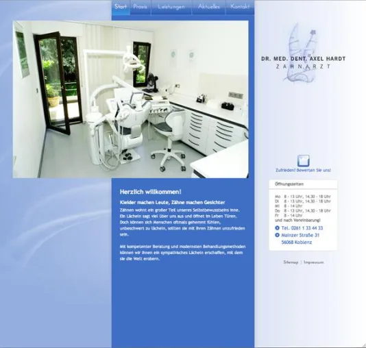 Intensivbehandlung der Website von Dr. med. dent. Axel Hardt aus Koblenz durch karo media Bild: Intensivbehandlung der Website von Dr. med. dent. Axel Hardt aus Koblenz durch karo media