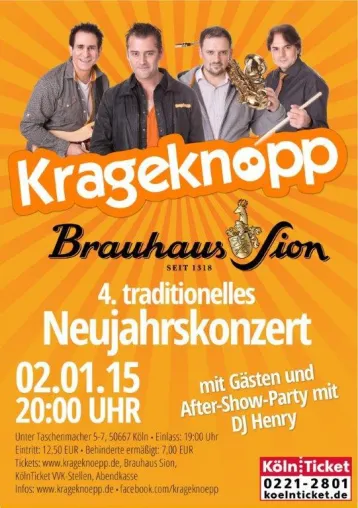 Bild: Krageknöpp laden zum 4. traditionellen Neujahrskonzert am 2. Januar 2015 im Kölner Brauhaus Sion ein