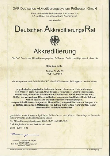 Bild: Akkreditierungsurkunde der Orga Lab focusiert auf die Konformitätsbewertung von Materialien und Produkten
