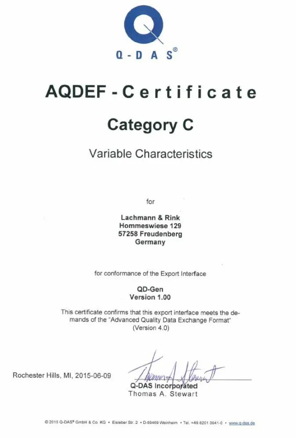 AQDEF-Zertifikat für Software von Lachmann & Rink (Quelle: L&R).