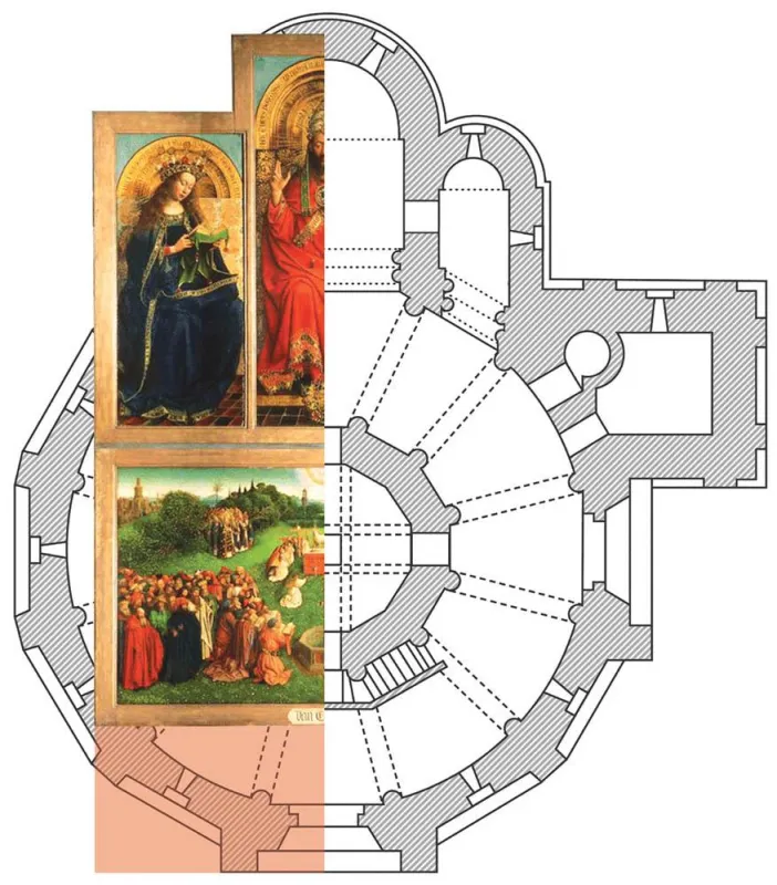 Der Grundriss der Kirche La Vera Cruz kombiniert mit den Mitteltafeln des Genter Altars (mit einem Platzhalter für die im 16. Jahrhundert zerstörte Predella).