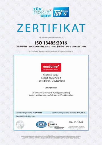 Digitalagentur Neofonie ist ISO 13485 zertifiziert Bild: Digitalagentur Neofonie ist ISO 13485 zertifiziert