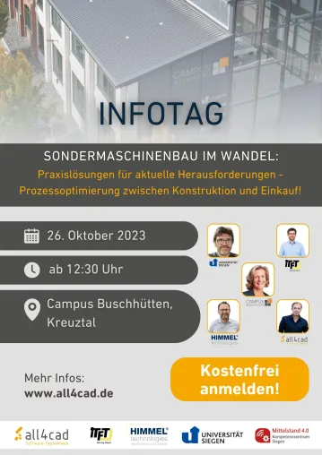 Jetzt kostenfrei teilnehmen: Infotag für KMUS „Sondermaschinenbau im Wandel" Bild: Jetzt kostenfrei teilnehmen: Infotag für KMUS „Sondermaschinenbau im Wandel"