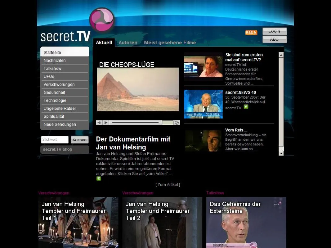 Secret.TV - Auf dem Internet-TV-Portal für Grenzwissenschaften, Spirituelles und Hintergrundpolitik können über 300 Filme abgerufen werden