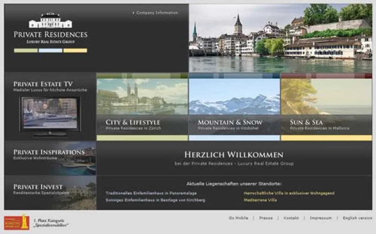 Screenshot der neuen Internetpräsenz www.private-residences.net