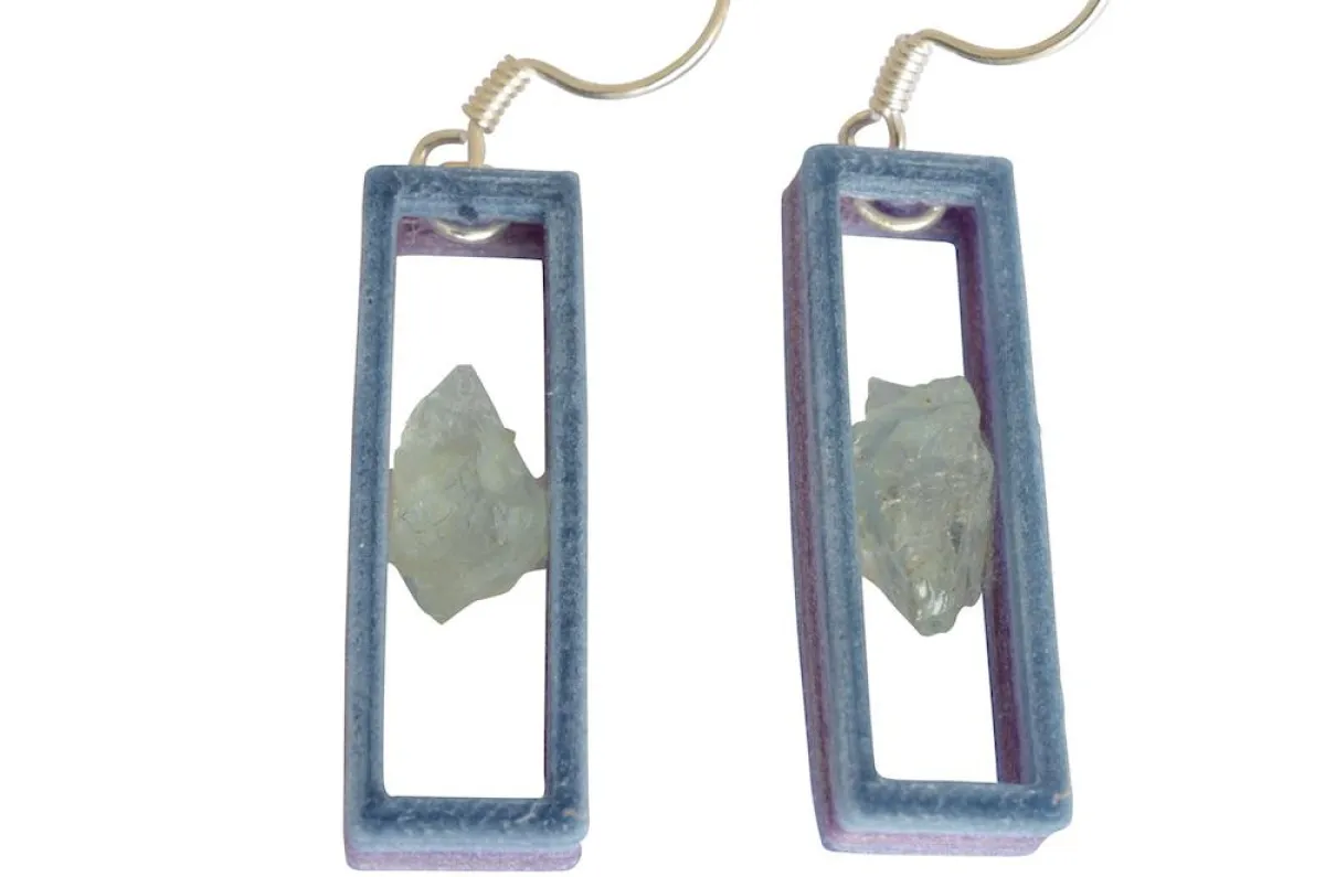 Shibori Batik Ohrringe mit Aquamarin Roh Edelstein, 925 Sterling Silber