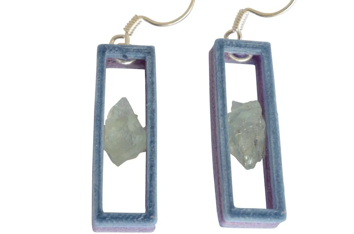 Shibori Batik Ohrringe mit Aquamarin Roh Edelstein, 925 Sterling Silber