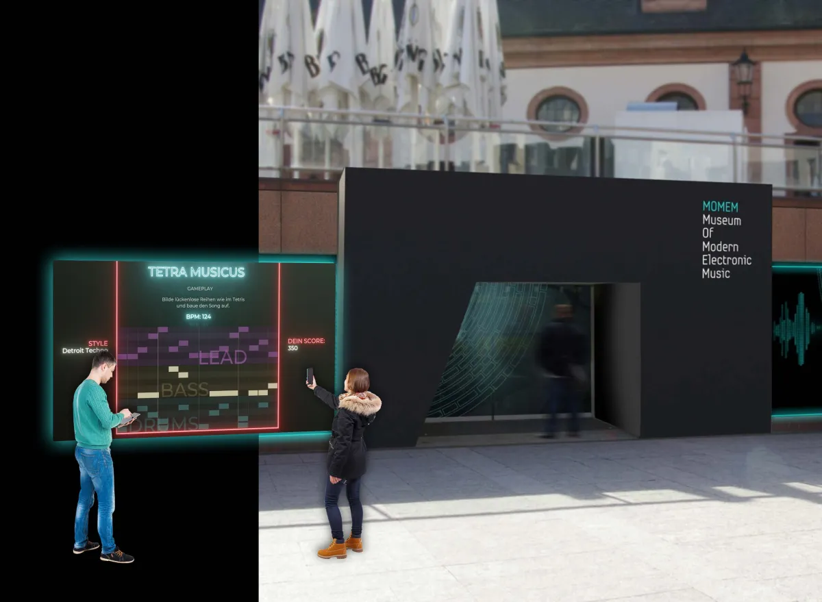 Visualisierung TETRA MUSICUS Game auf der Außenfläche des MOMEM an der Hauptwache Frankfurt am Main (© COSALUX GmbH)