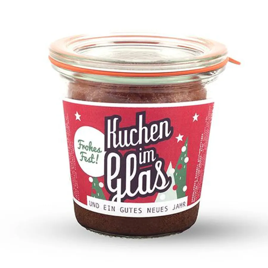 Kuchen im Glas mit Weihnachtsetikett