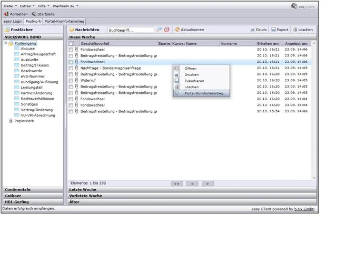 Postkorb-Ansicht des easy Client mit Geschäftsvorfällen