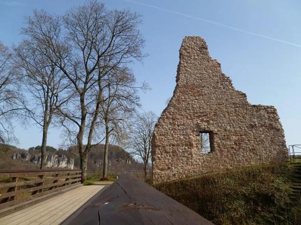 Die Löwenburgruine oberhalb von Gerolstein im herbstlichen Burgumfeld
