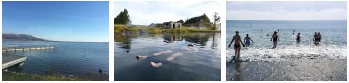 Fotos v.l.: See Laugarvatn mit Fontana Bad, Floating in der Secret Lagoon, Meeresschwimmen in Akrane