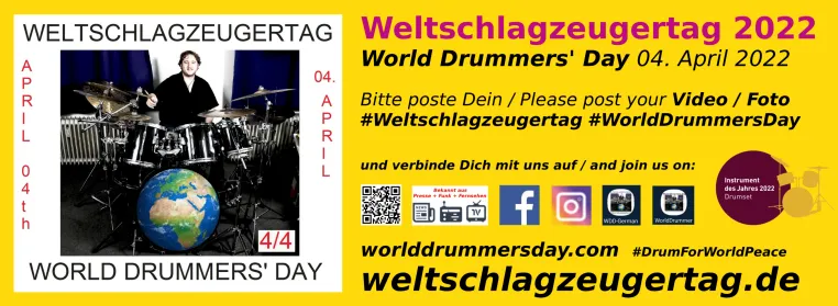 04. April Weltschlagzeugertag / World Drummers' Day 2022 - #DrumForWorldPeace schon ab sofort Bild: 04. April Weltschlagzeugertag / World Drummers' Day 2022 - #DrumForWorldPeace schon ab sofort