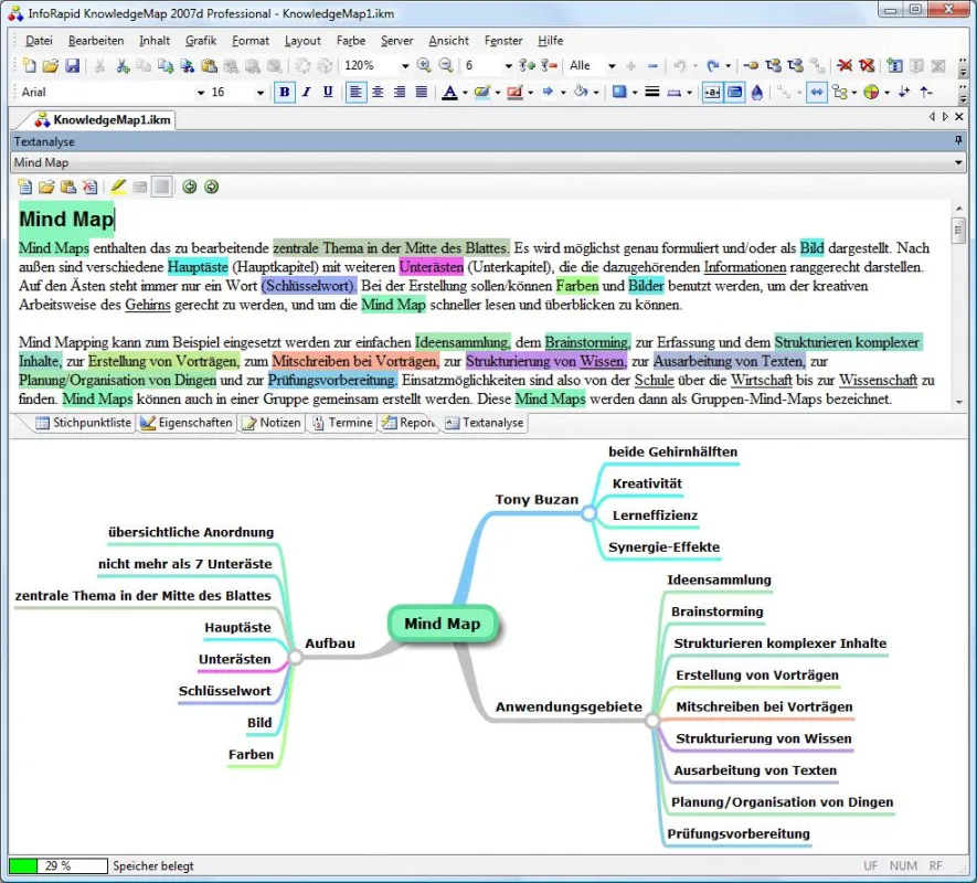 Der Clou: Markierte Textstellen werden automatisch in die MindMap aufgenommen und mit den Textmarkierungen synchronisiert