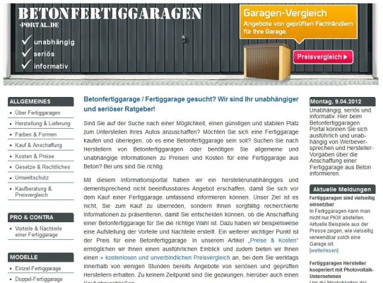 Bild: Übersichtlicher und moderner - Betonfertiggaragen-Portal.de in neuem Design