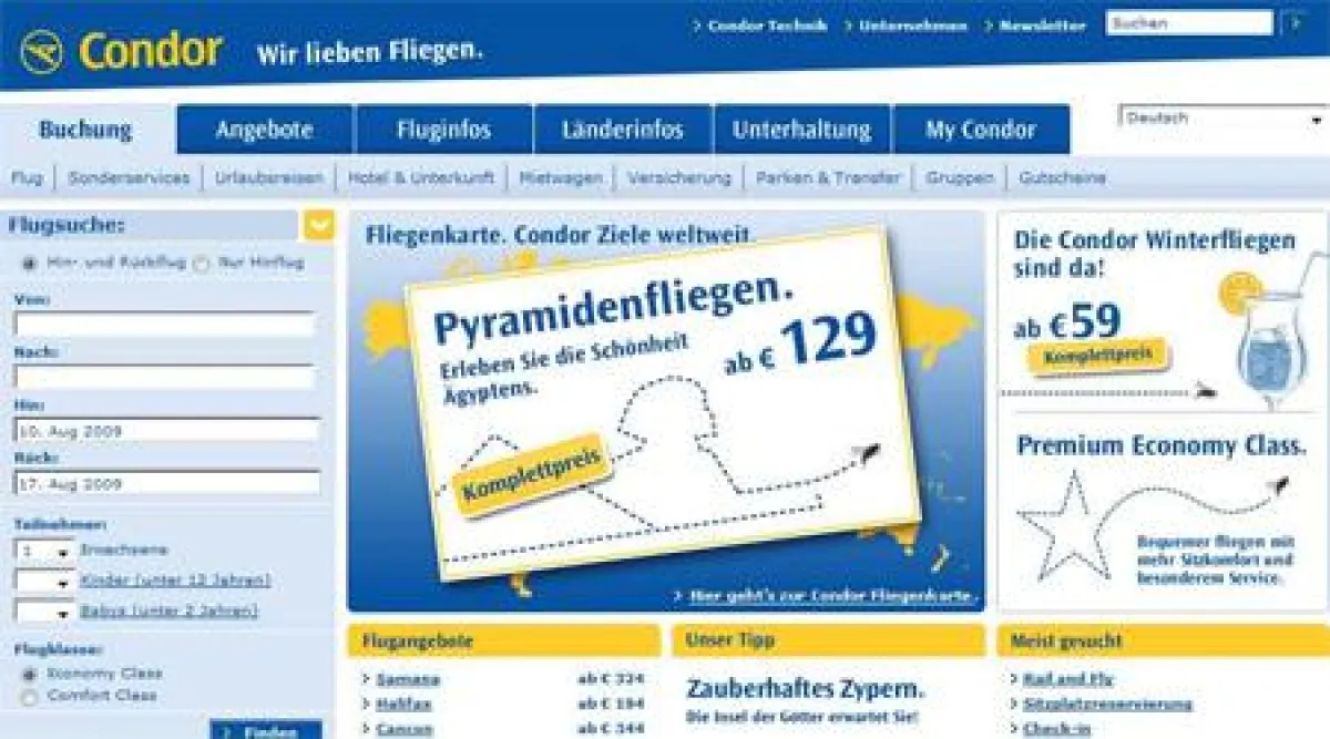 Startseite von Condor.com (Screenshot)