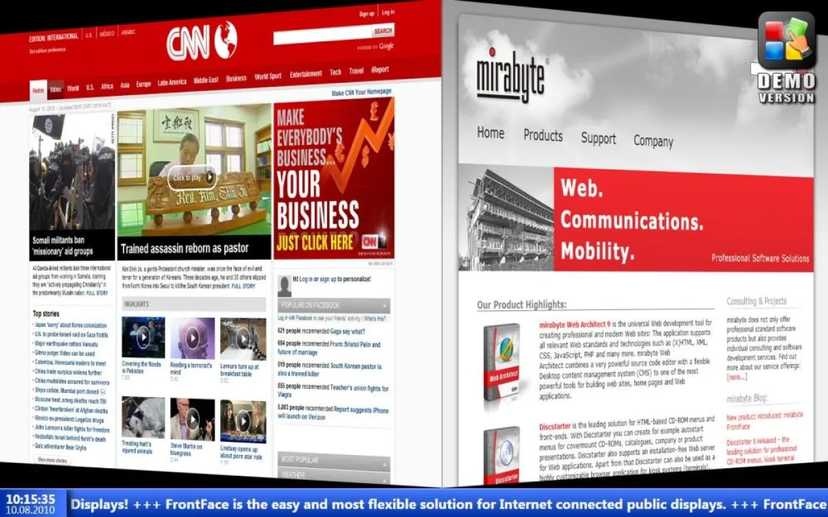 FrontFace for Public Displays kann beliebige Webseiten anzeigen