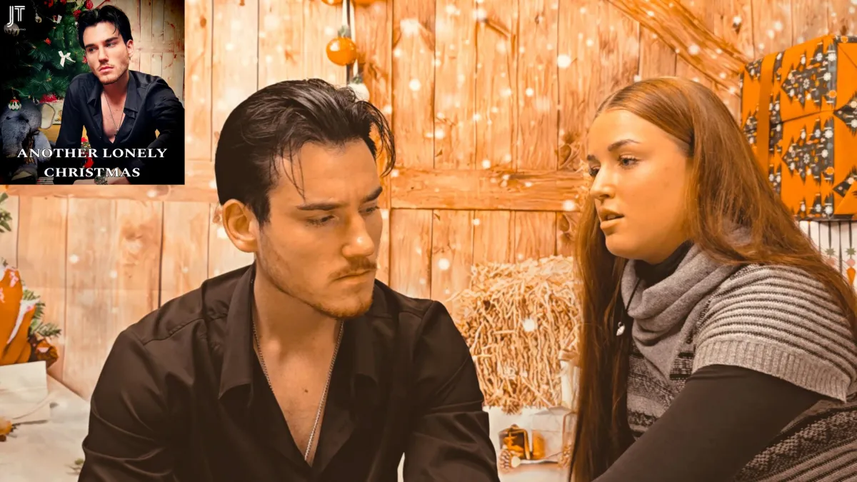 Künstler Jake Tarantino mit Jungdarstellerin Lillith beim Videodreh in einer Weihnachtskulisse (© ©Mallywood Media Group)