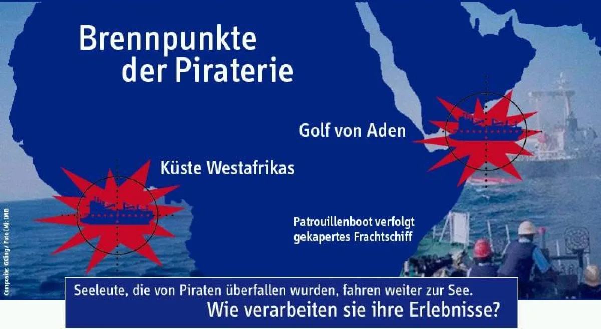 Kampagnenmotiv mit Schwerpunkten der Piraterie auf geografischer Karte und Foto von Patrouillenfahrt