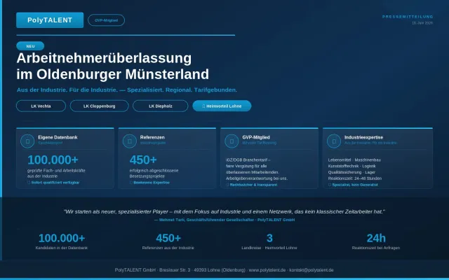Bild: PolyTALENT GmbH startet Arbeitnehmerüberlassung: Jetzt als Zeitarbeitgeber im Oldenburger Münsterland