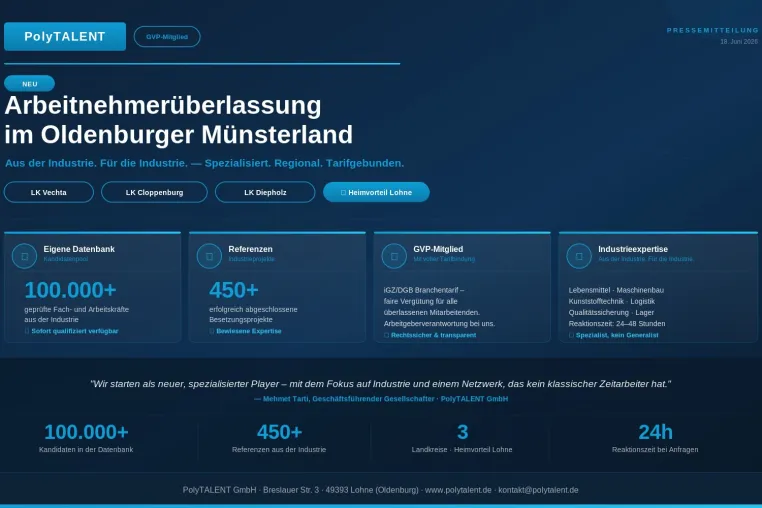 PolyTALENT GmbH startet Arbeitnehmerüberlassung: Jetzt als Zeitarbeitgeber im Oldenburger Münsterland Bild: PolyTALENT GmbH startet Arbeitnehmerüberlassung: Jetzt als Zeitarbeitgeber im Oldenburger Münsterland