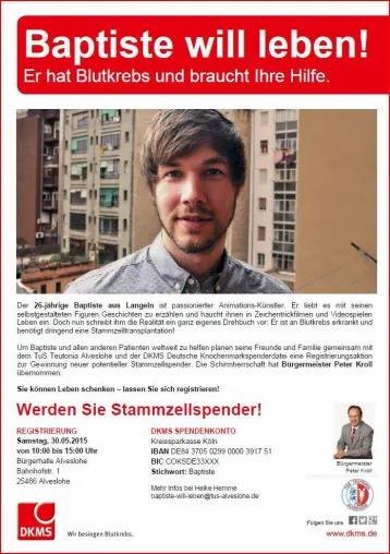 Bild: Baptiste will leben! Stammzellentypisierungs Aktion beim TuS Teutonia Alveslohe