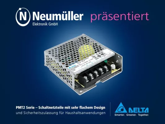 Delta PMT2 Serie – Schaltnetzteile mit extra flachem Design und Sicherheitszulassung für Haushaltsanwendungen Bild: Delta PMT2 Serie – Schaltnetzteile mit extra flachem Design und Sicherheitszulassung für Haushaltsanwendungen