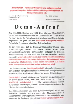 Bild: Aufruf zur DEMO Pankower Kleingärtner am 11.4.2024 / Zum Pankower Korruptions- bzw. Kleingartenskandal.