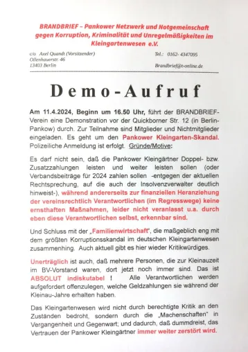 Aufruf zur DEMO Pankower Kleingärtner am 11.4.2024 / Zum Pankower Korruptions- bzw. Kleingartenskandal. Bild: Aufruf zur DEMO Pankower Kleingärtner am 11.4.2024 / Zum Pankower Korruptions- bzw. Kleingartenskandal.