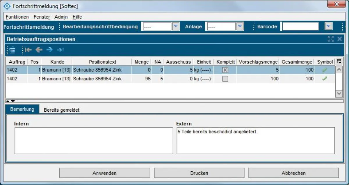 Fortschrittsmeldung in der ERP-Software für Oberflächentechnik