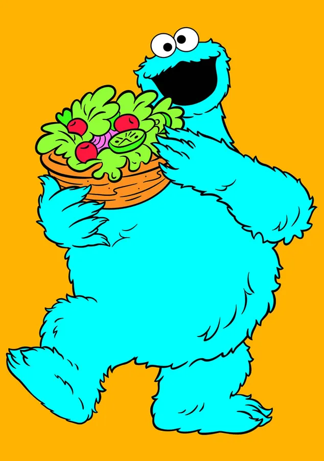 Das Krümelmonster hat Salat, Äpfel und die Kampagne 5 am Tag für sich entdeckt! Das Bild darf bis 31.10.2006 honorarfrei für redaktionelle Zwecke unter Quellenangabe: TM and © 2006 Sesame Workshop ver