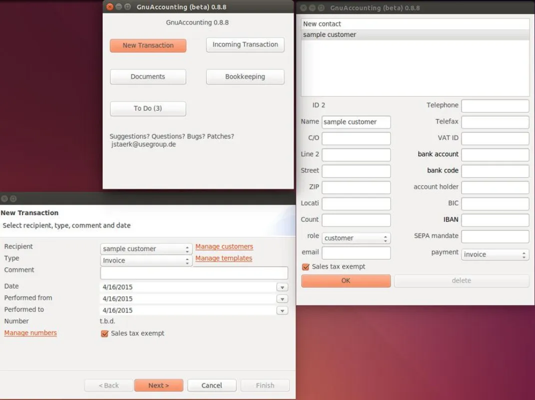 Hauptfenster (oben links) und Sales Tax-Checkboxen in der Kundenbearbeitung (oben rechts) und beim A