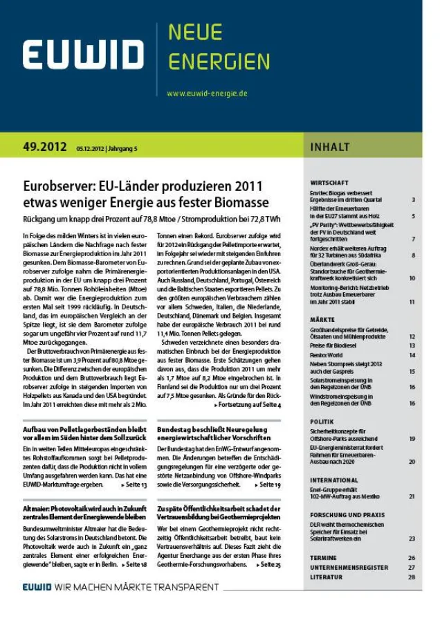 EUWID Neue Energien 49/2012 ist am 5. Dezember 2012 erschienen