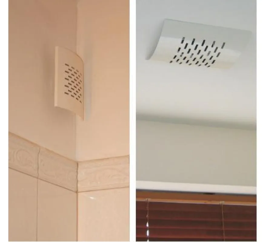 Design - Luftdurchlässe Alpha, ob an der Wand oder in der Decke ? immer passend. Versteckt hinter der gebogenen Blende der auswaschbare Aluminiumfilter und die stufenlose Luftmengeneinstellung.
