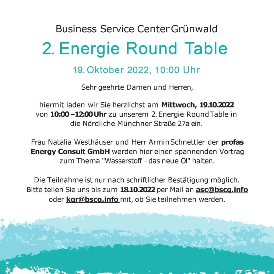 Einladung zum 2. Energie Round Table: Wasserstoff - das neue Öl 