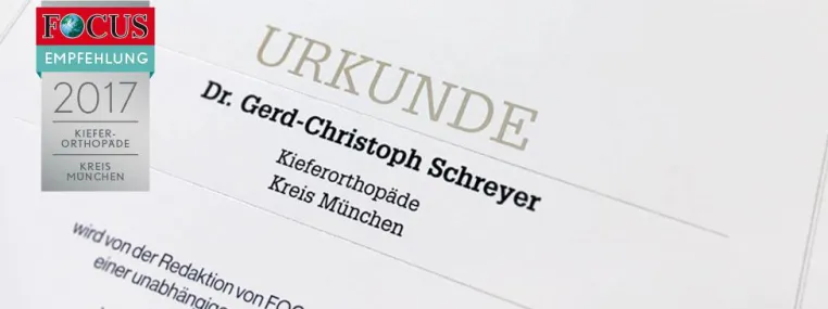 Bild: FOCUS-Empfehlungssiegel „Kieferorthopäde“ für Dr. Schreyer Praxis für Kieferorthopädie in München-Haar