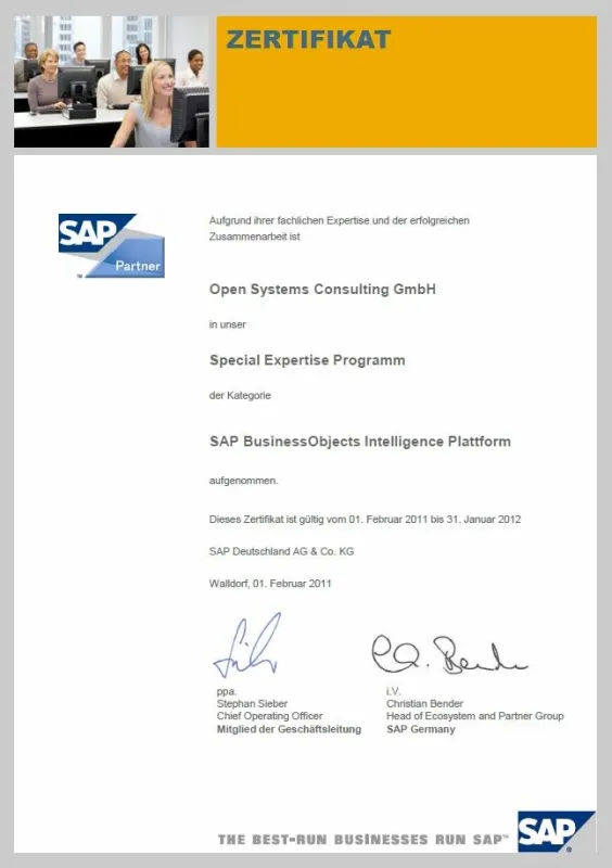 Zertifikat Special Expertise Programm der Kategorie SAP BusinessObjects Intelligence Plattform