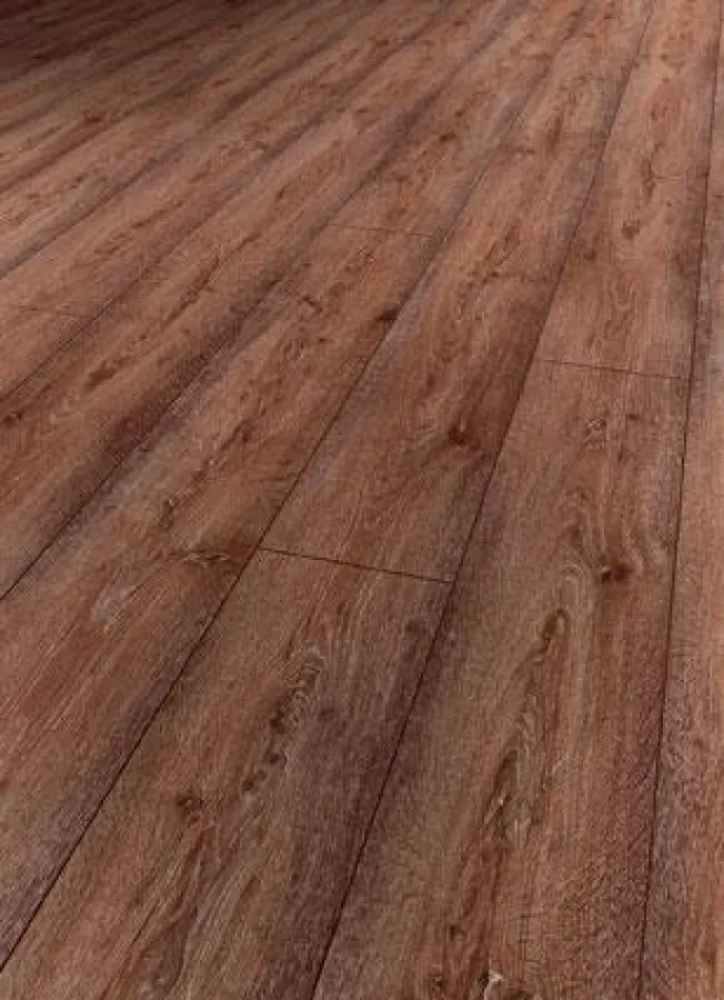 Themenwelt „Souveränität“: Laminat-Langdiele „Eiche moorbraun“.