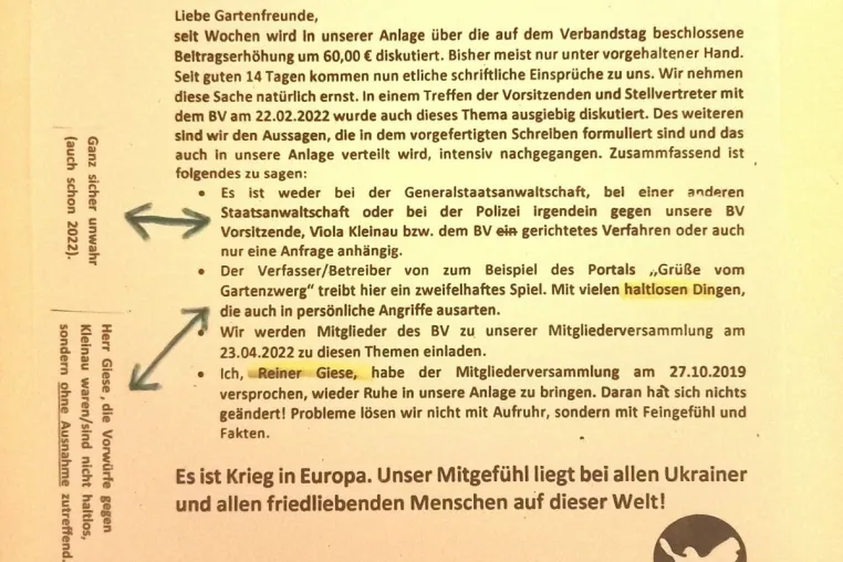 Bild: Ehrenhafte Kehrtwende beim Skandal-Bezirksverband der Gartenfreunde Pankow auch aktuell nicht in Sicht.  