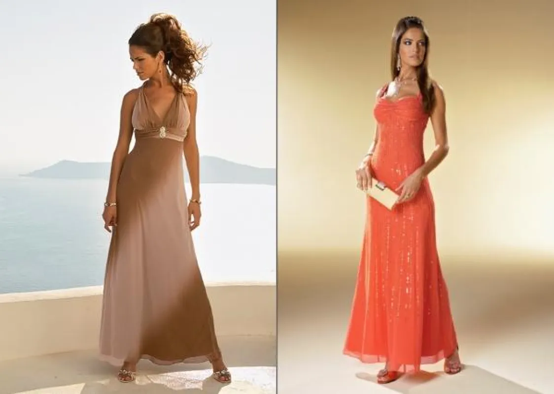 Links: Langes Abendkleid von APART in edlem Farbverlauf – Blickfang ist das fixierte Accessoire vorne. Die extravaganten Träger sind raffiniert verarbeitet. Rechts: Langes Abendkleid von APART aus fl