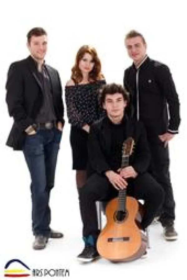 (v.l.) Jean-Kristof Bouton (Bariton), Andreea Barbu (Sopran), Radu Valcu (Gitarre), Mischa (Piano)