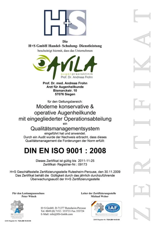 Zertifikat der AVILA Augenpraxisklinik