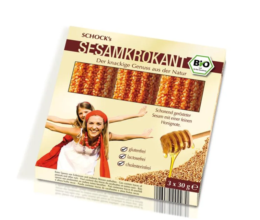 Der Bestseller aus dem Hause SCHOCK, der Bio-Sesam Krokant, im neuen LEH-Design.