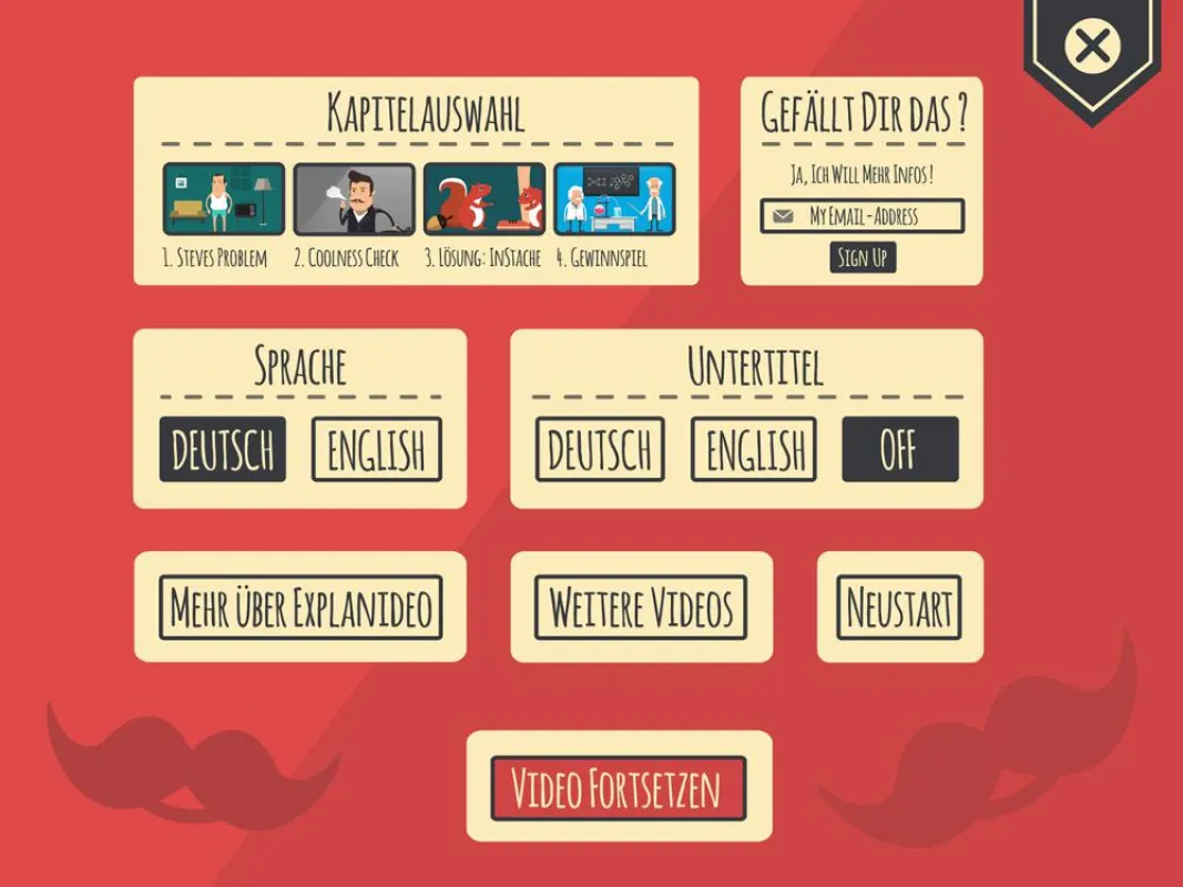 Das Hauptmenü des interaktiven Videoplayers von EXPLANIDEO: Kapitelwahl und E-Mail-Feld inklusive