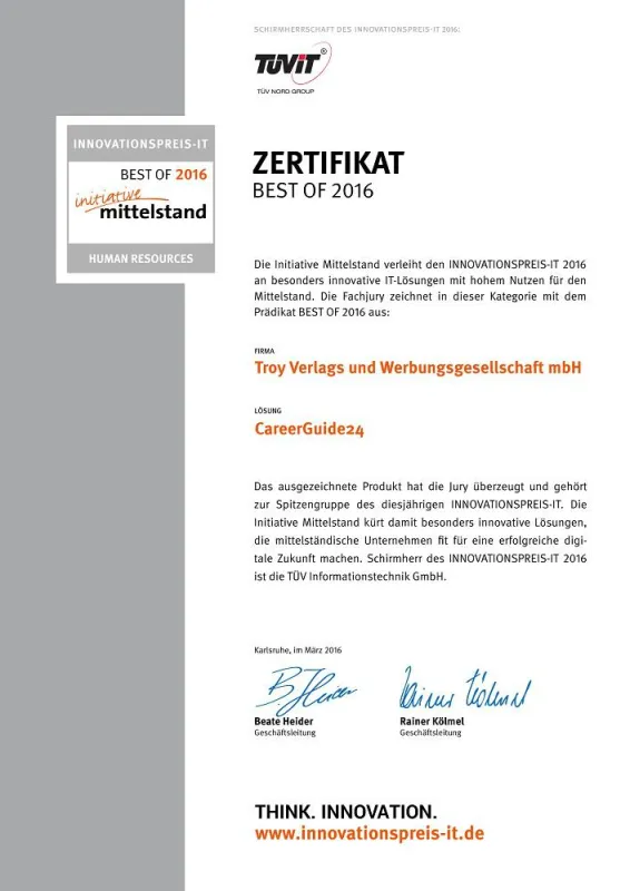 Zertifikat zur BEST OF 2016