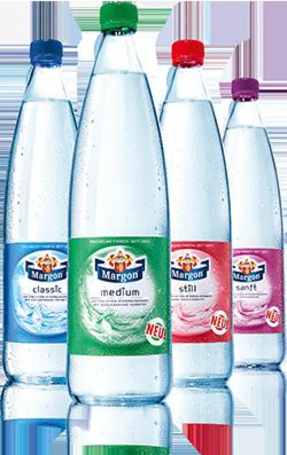 Margon Mineralwasser ist ab April im neuen individuellen Glas-Mehrweggebinde im 6er-Kasten für Verbr