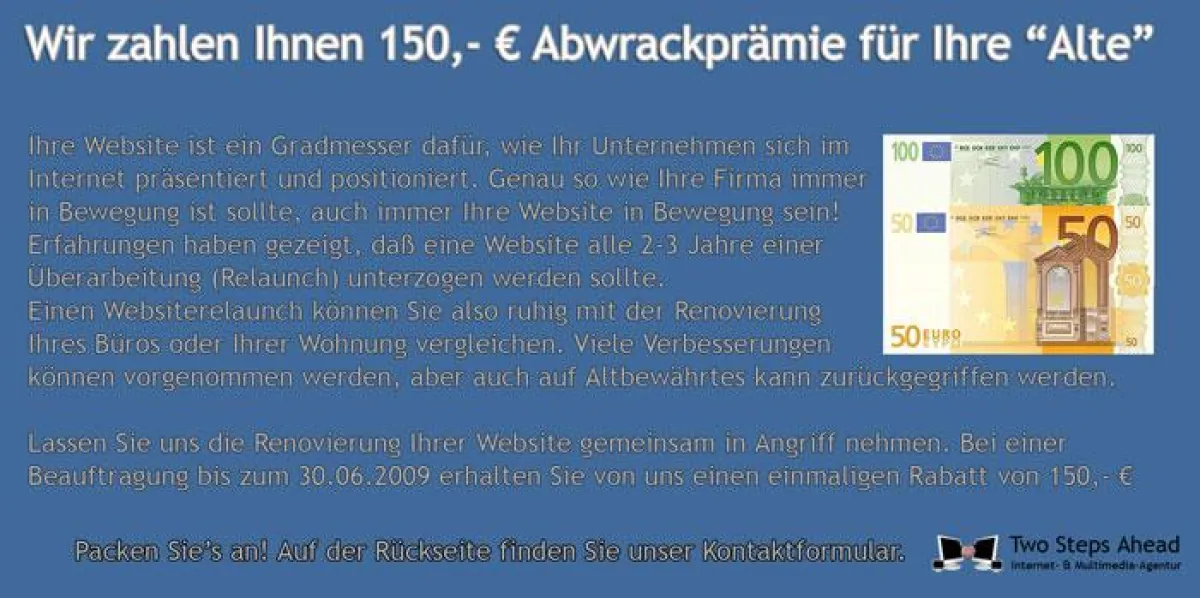 Bernauer Internetagentur zahlt 150,- ? Abwrackprämie Beauftragung zur Erstellung einer neuen Webseite
